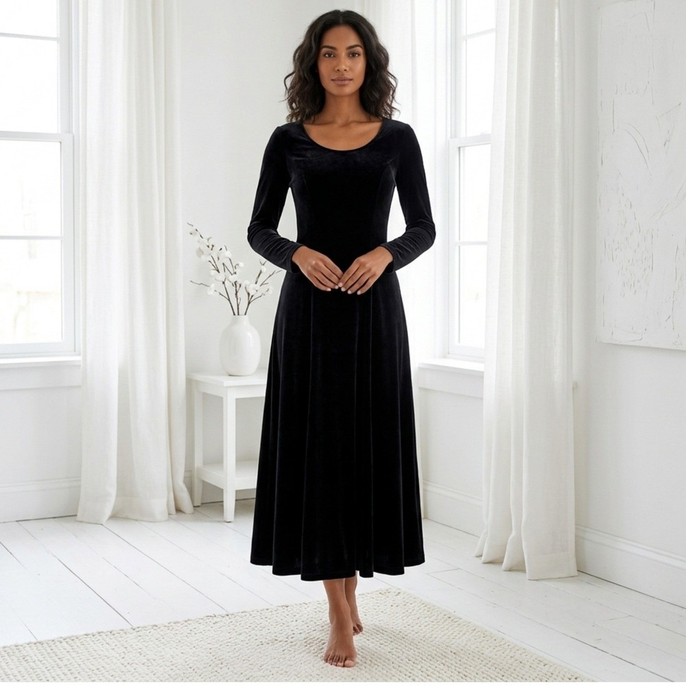 Coldwater‎ Creek Velvet Dress Womens 10 Black Fit Flare Tea Length Whimsigoth